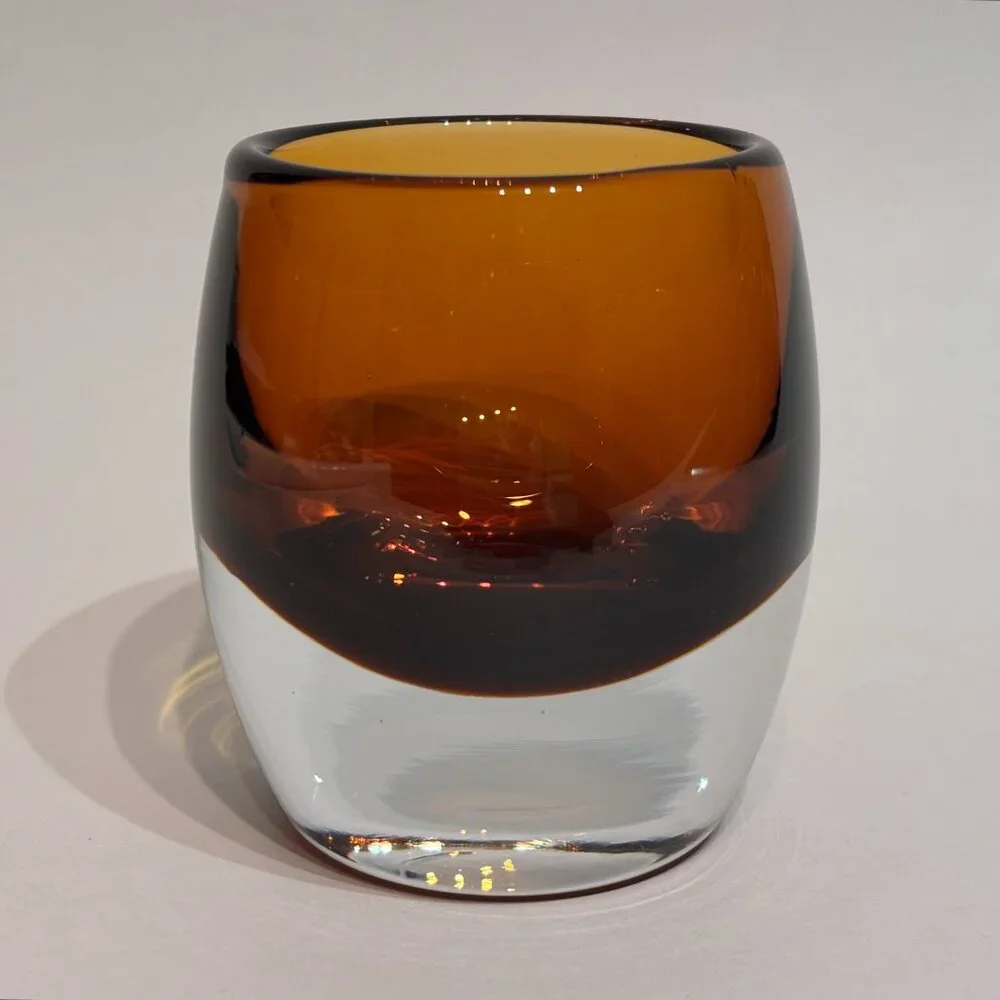 Set of 2 Crate and Barrel Topaz Amber Glass Diva Votive Candle Holders 3.5”